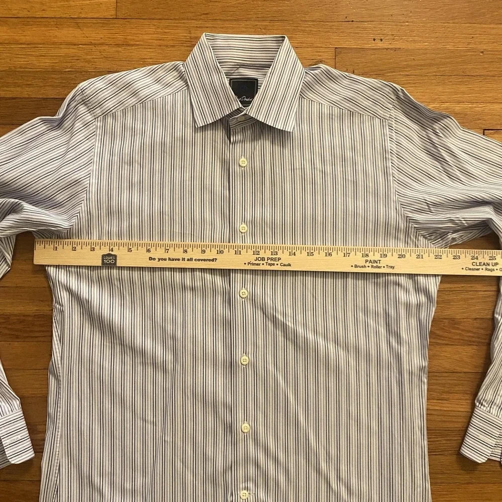 David Donahue Shirt Mens Large Blue White Pink Stripe Trim Fit Dress Monogrammed - Picture 6 of 12
